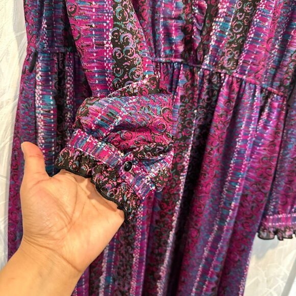 ✨Diolen Size 44/ L US Vintage Multicolor Dress With Ruffle Collar & Long Sleeves - Picture 7 of 9